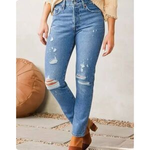 LEVI'S Premium Denin 501 High Rise Button Fly Distressed Skinny Medium Blue